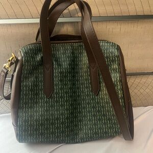 Fossil Green Patterned Satchel with Brown Trim